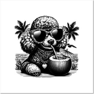 poodle dog wearing sunglasses drinking a coconut drink on a tropical beach Posters and Art